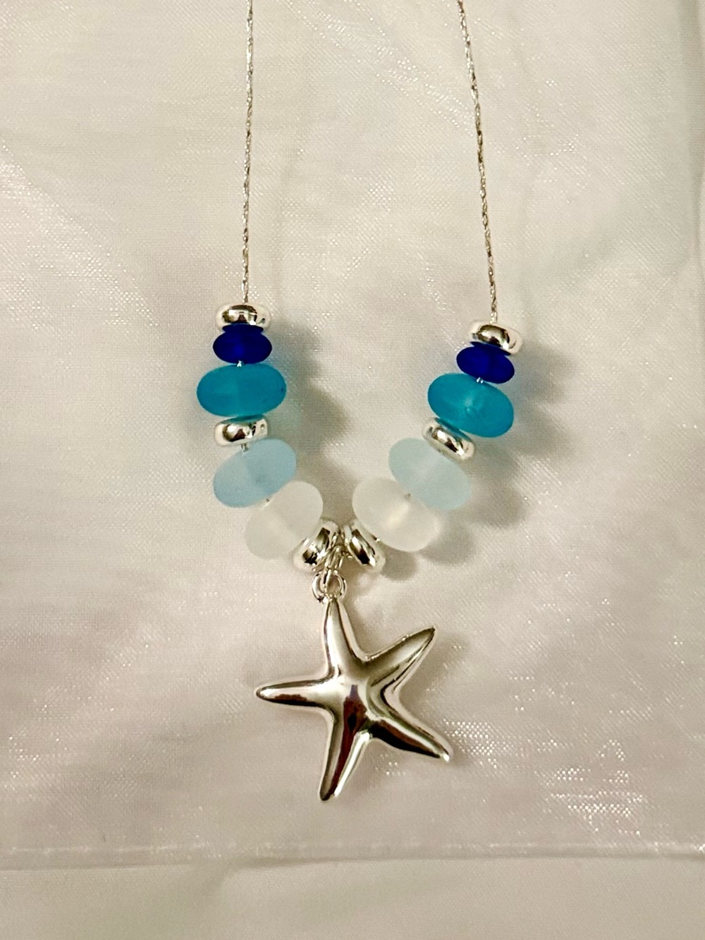 Sterling Silver Starfish Necklace with Ocean Blue Sea Glass Beads new Maine made